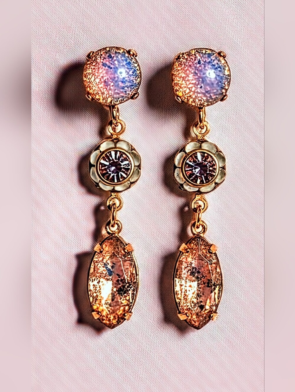 Pink Fire Opal & Rose Opal Flower Crystal Drop Down Earrings